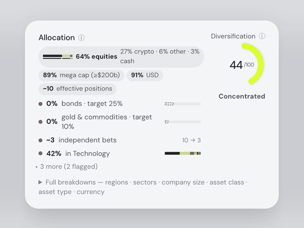 The Allocation card: 64% equities, 89% mega cap, 91% US dollar, about ten effective positions, flagged gaps such as 0% bonds against a 25% target, and a Diversification score of 44 out of 100, labelled Concentrated.