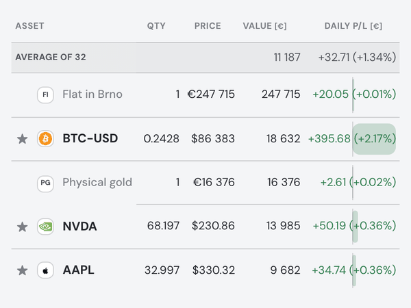 The Holdings table with two hand-added assets — a flat in Brno and physical gold — valued in euros among Bitcoin, Nvidia and Apple.