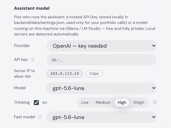 Settings, Assistant: the provider picker — a hosted API or a local model via Ollama / LM Studio — then the two model slots: Model, with its thinking level, and Fast model.